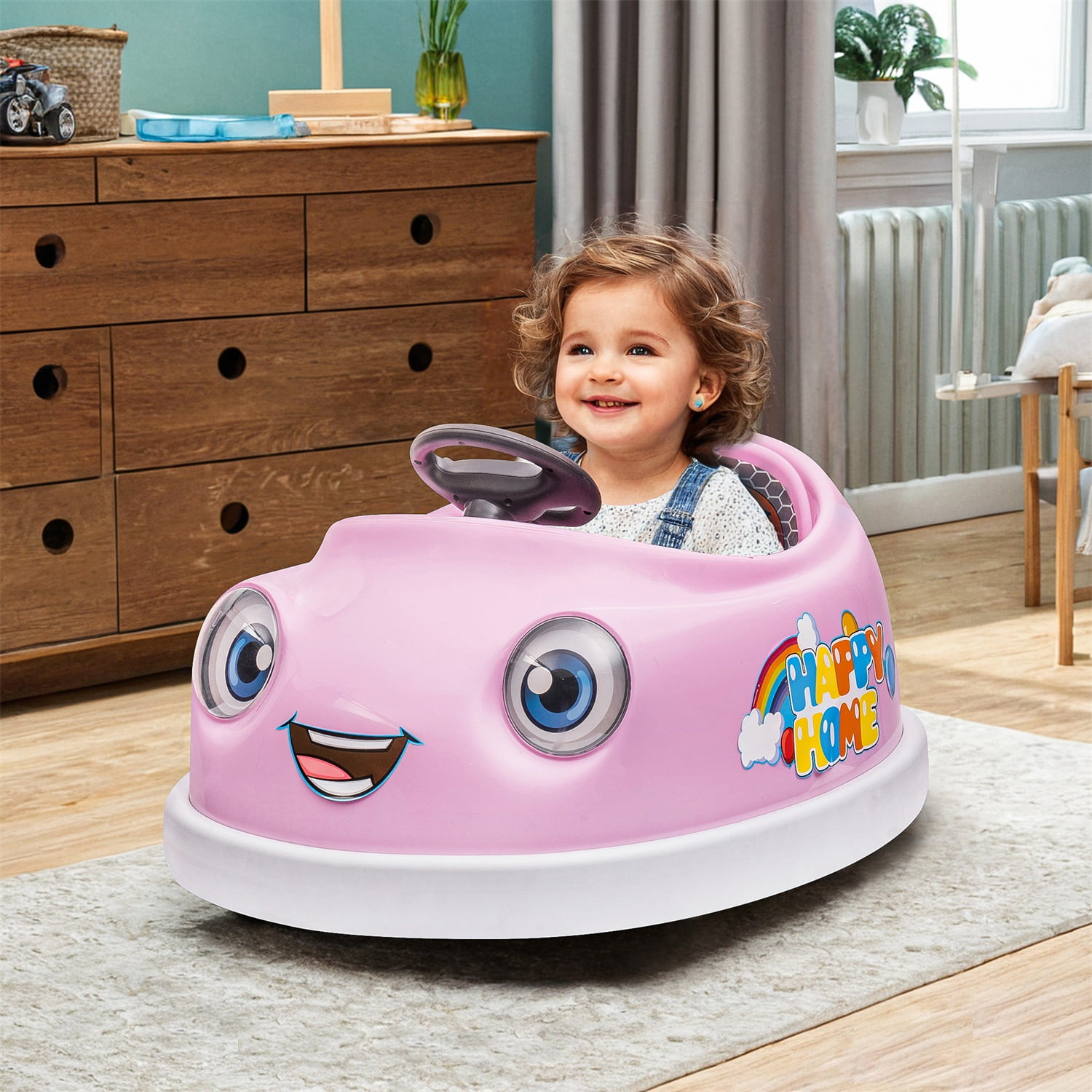 CIPACHO Ride On Bumper Car for Kids, 12V Electric Vehicle Ride on Toys with Remote Control, Colorful Flashing Lights, Battery Powered, with Pushrod Dinner Plate USB, Pink