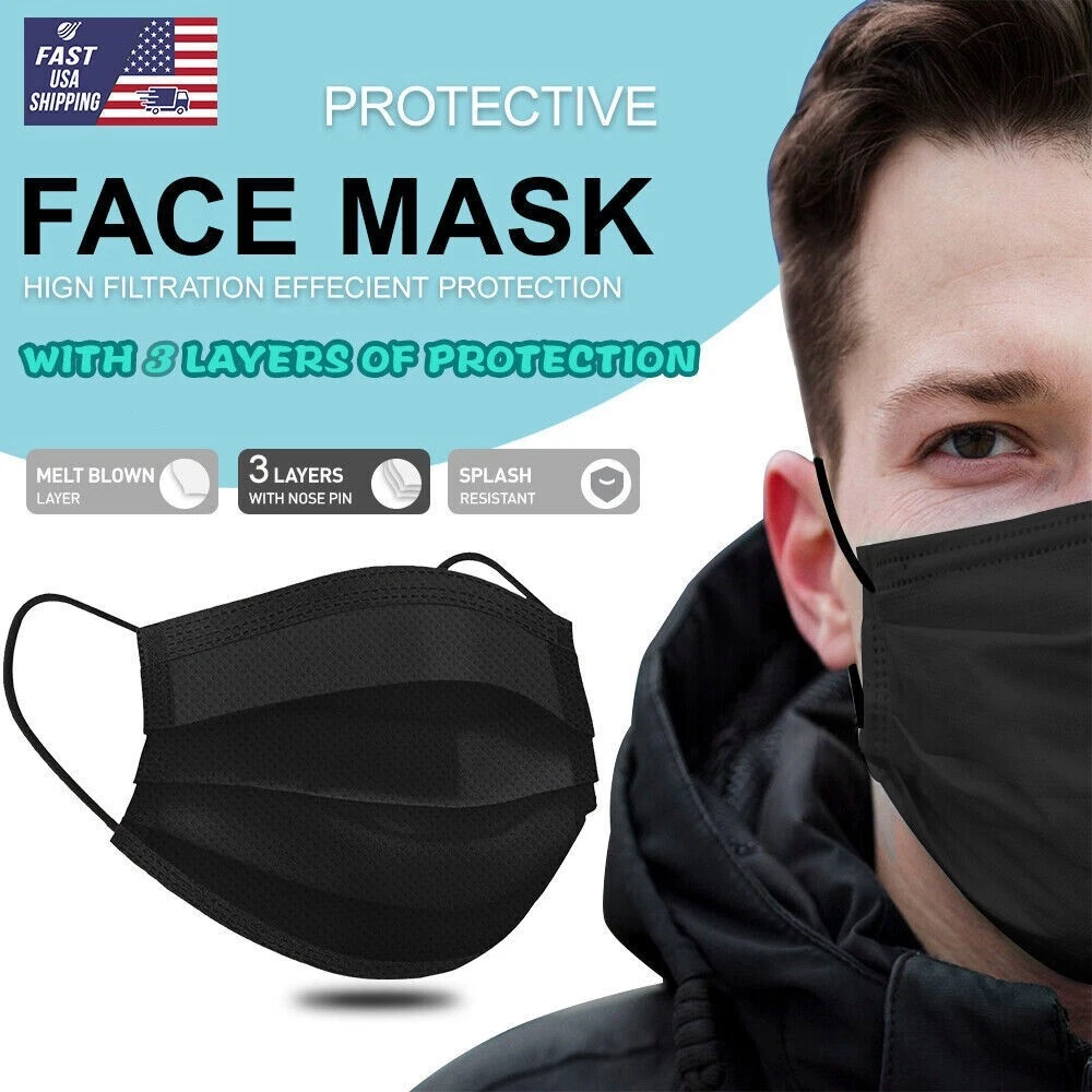 CIRCLE- 100Pcs 3-Layers Black Face Masks Protective Disposable Respirator Mouth Cover