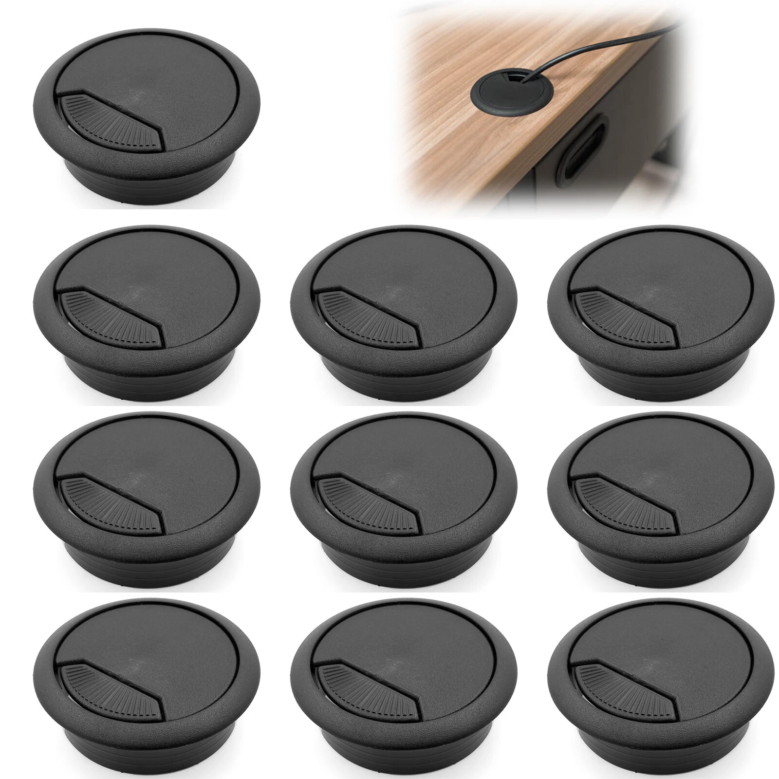 CIRCLE- 10Pcs 2-3/4 Black Pc Computer Cord Cable Wire Organizer Hole Cover Desk Grommet