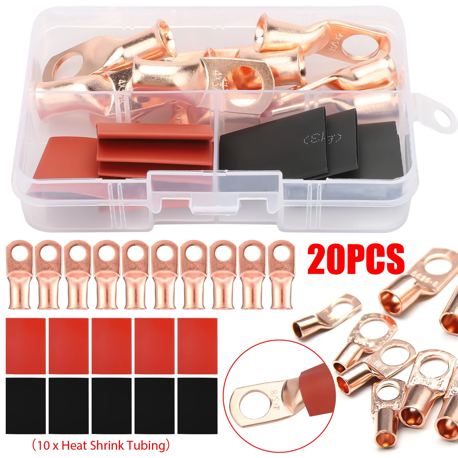 CIRCLE- 10X 4 Awg Gauge Copper Lugs + 10X Heat Shrink Ring Terminals Wire Connectors Kit