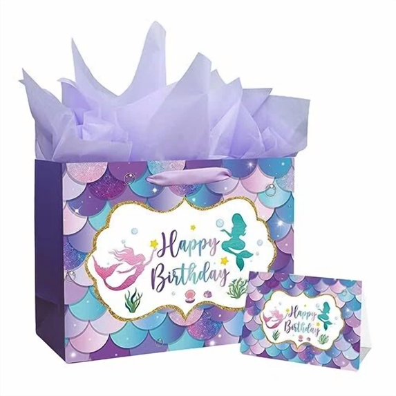 CIRCLE- 13" Large Mermaid Happy Birthday Gift Bag With Handle, Tissue Paper And Card