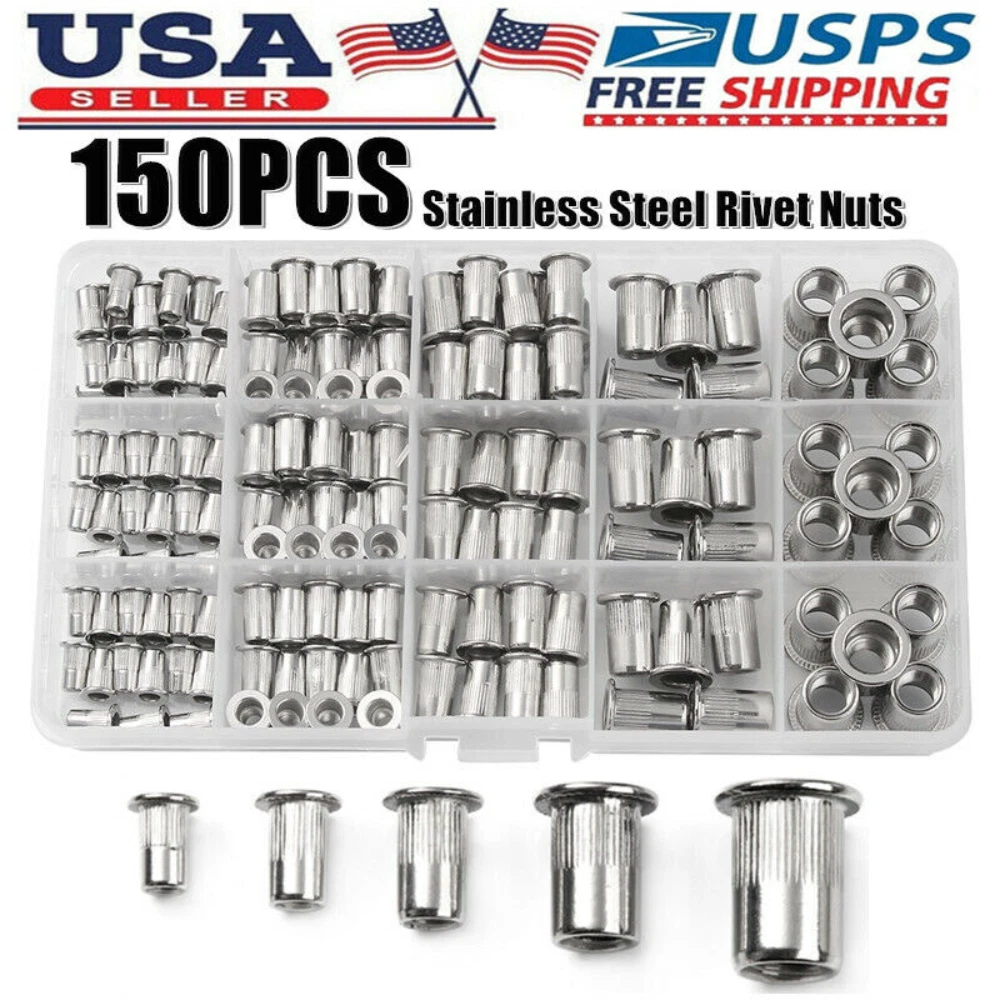 CIRCLE- 150Pcs Rivet Nuts Stainless Steel Threaded Insert Nut Nutsert Rivnuts Flat Head