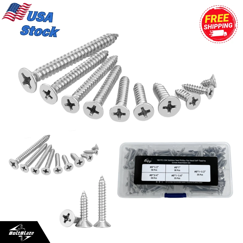 CIRCLE- 160-Piece Assorted Wood Screws – Self-Tapping, Flat Head, 304 Stainless Steel