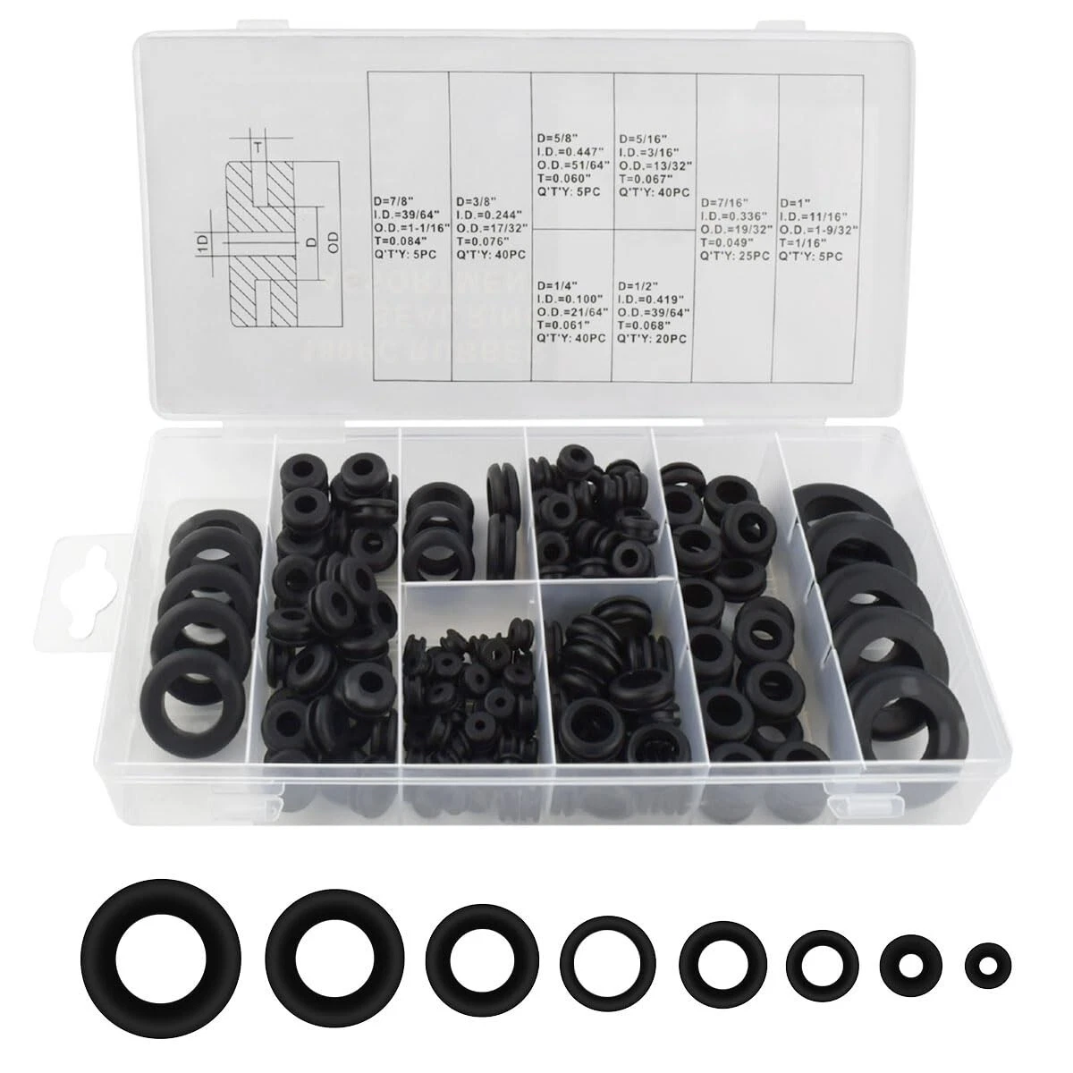 CIRCLE- 180 Pc Rubber Grommets Assortment Kit Set Firewall Hole Electrical Wiring Gasket