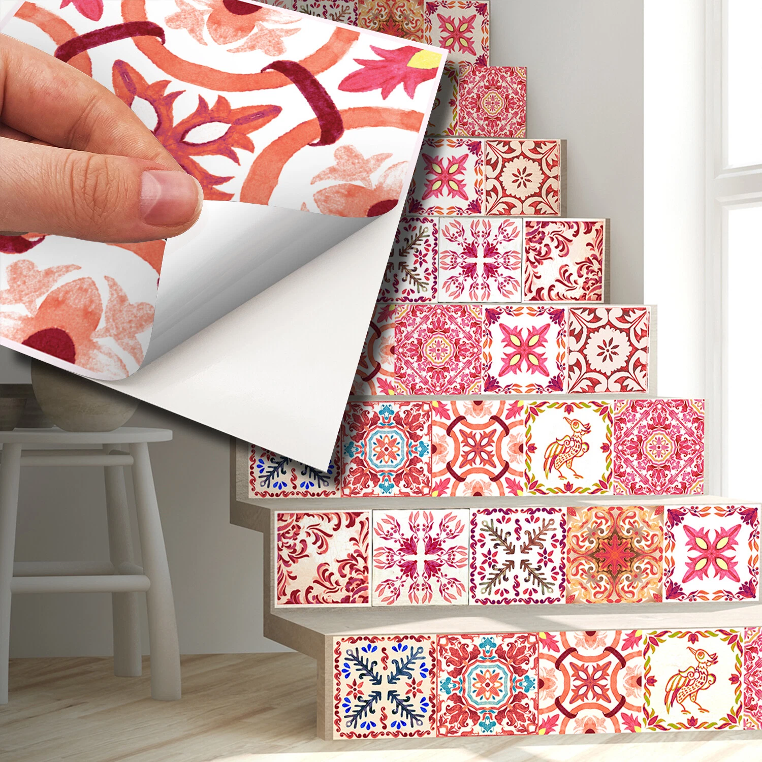 CIRCLE- 24Pcs 6X6 Moroccan Rose Red Mosaic Peel And Stick Tiles Sticker Backsplash Art