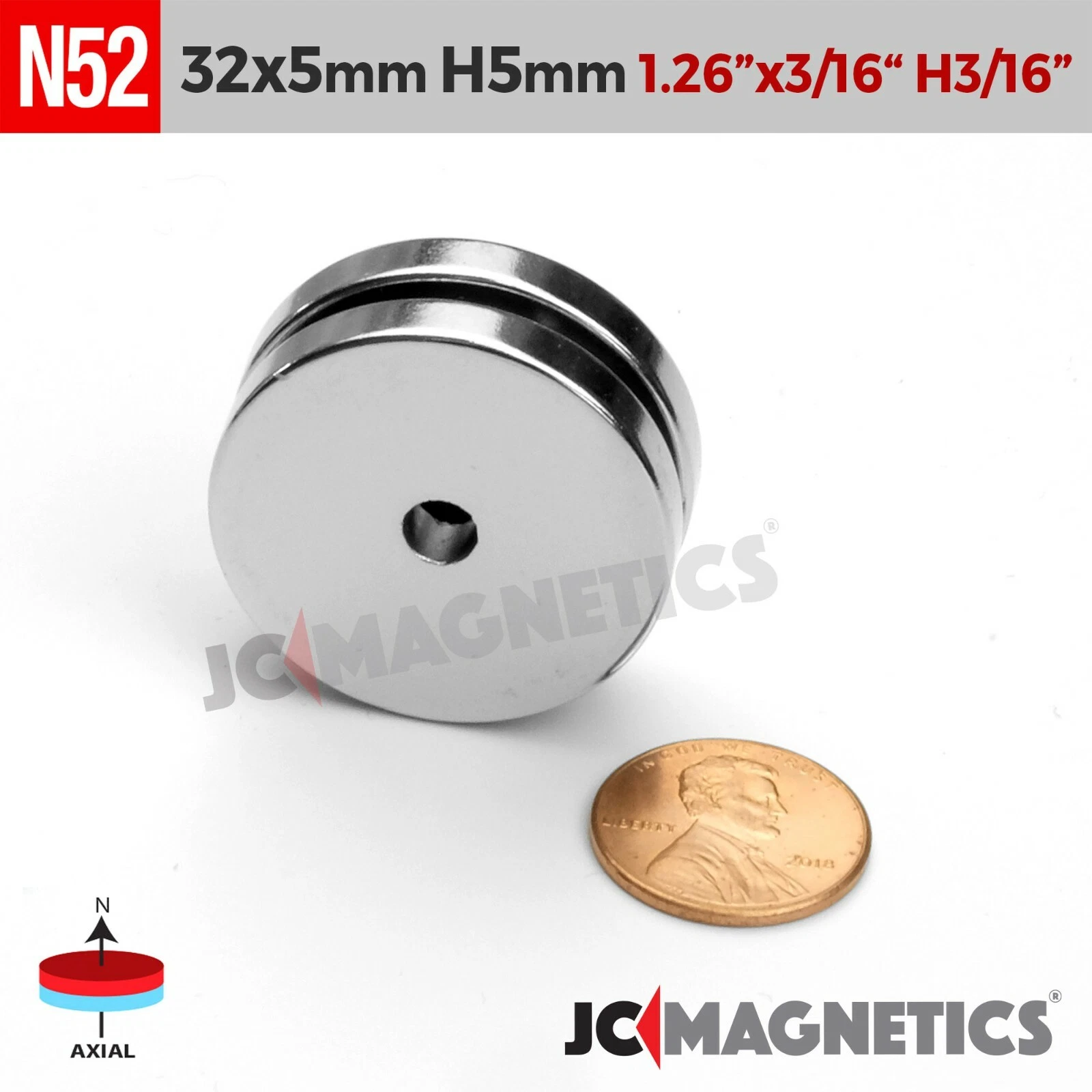 CIRCLE- 2Pcs 32Mm X 5Mm Hole 5Mm N52 Rare Earth Neodymium Magnet Ring Disc 32X5Mm H5Mm