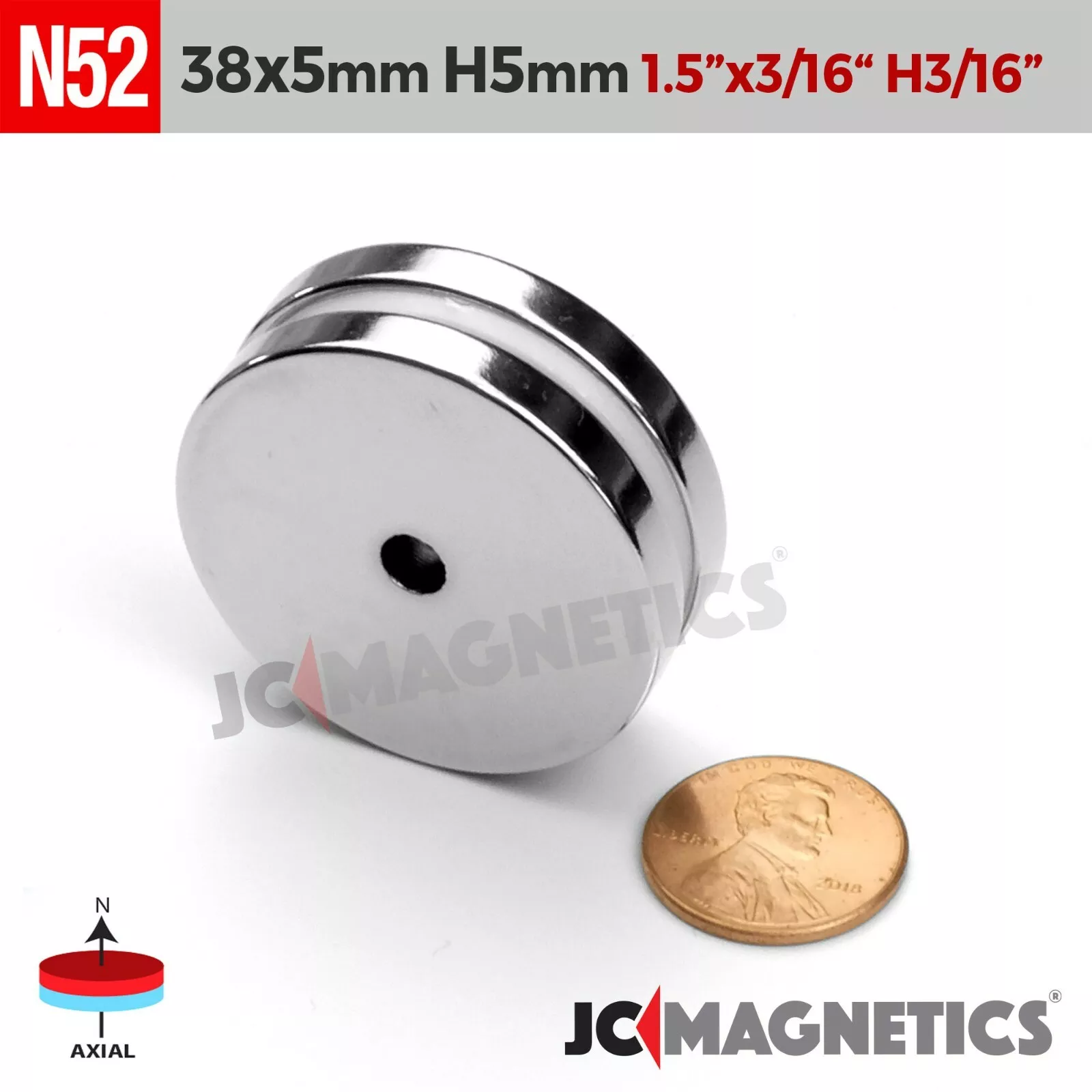 CIRCLE- 2Pcs 38Mm X 5Mm Hole 5Mm N52 Rare Earth Neodymium Magnet Ring Disc 38X5Mm H5Mm