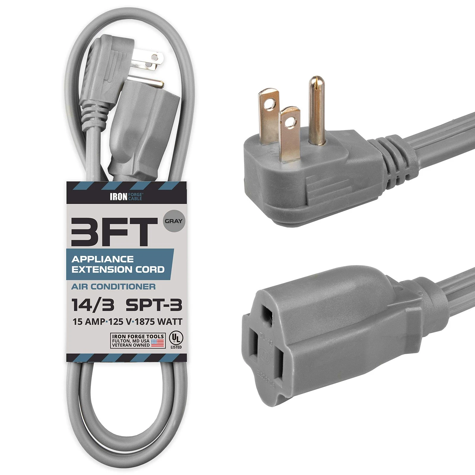 CIRCLE- 3 Ft Appliance Extension Cord Heavy Duty, Gray - 14 Gauge 3 Prong Spt-3 Cable