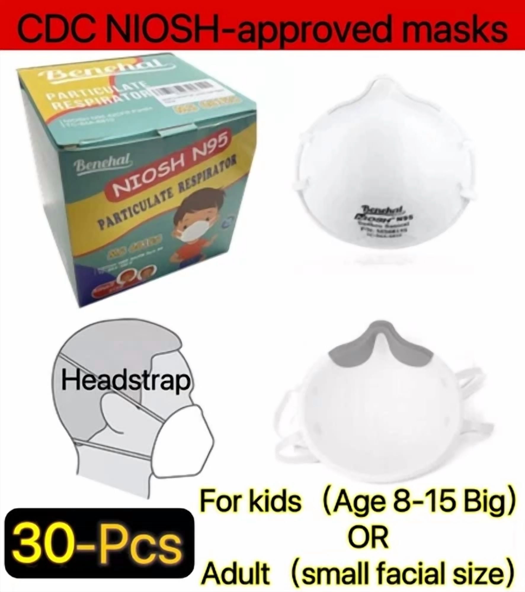CIRCLE- 30-Pcs N95 Face Mask Bfe 95% Disposable Niosh Approved Respirator For Kids Adult