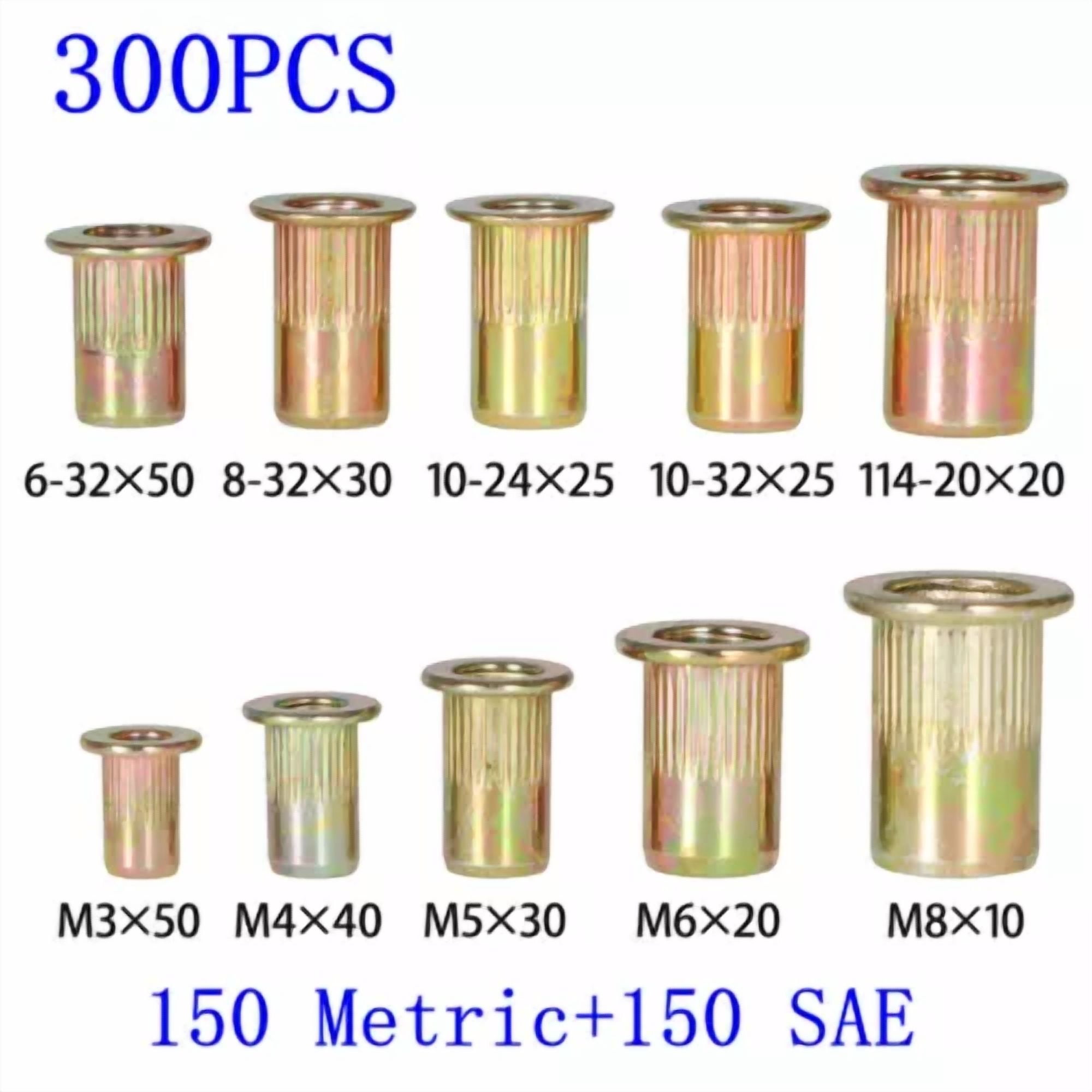 CIRCLE- 300 Pcs Zinc Steel Rivet Nut Kit Rivnut Nutsert Assort 150Pcs Metric&150Pcs Sae