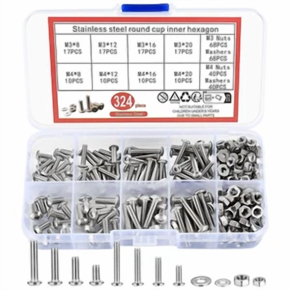 CIRCLE- 324 Pcs Metric Screw Assortment Kit Metric M3 M4 Hex Button Socket Head Cap Scre