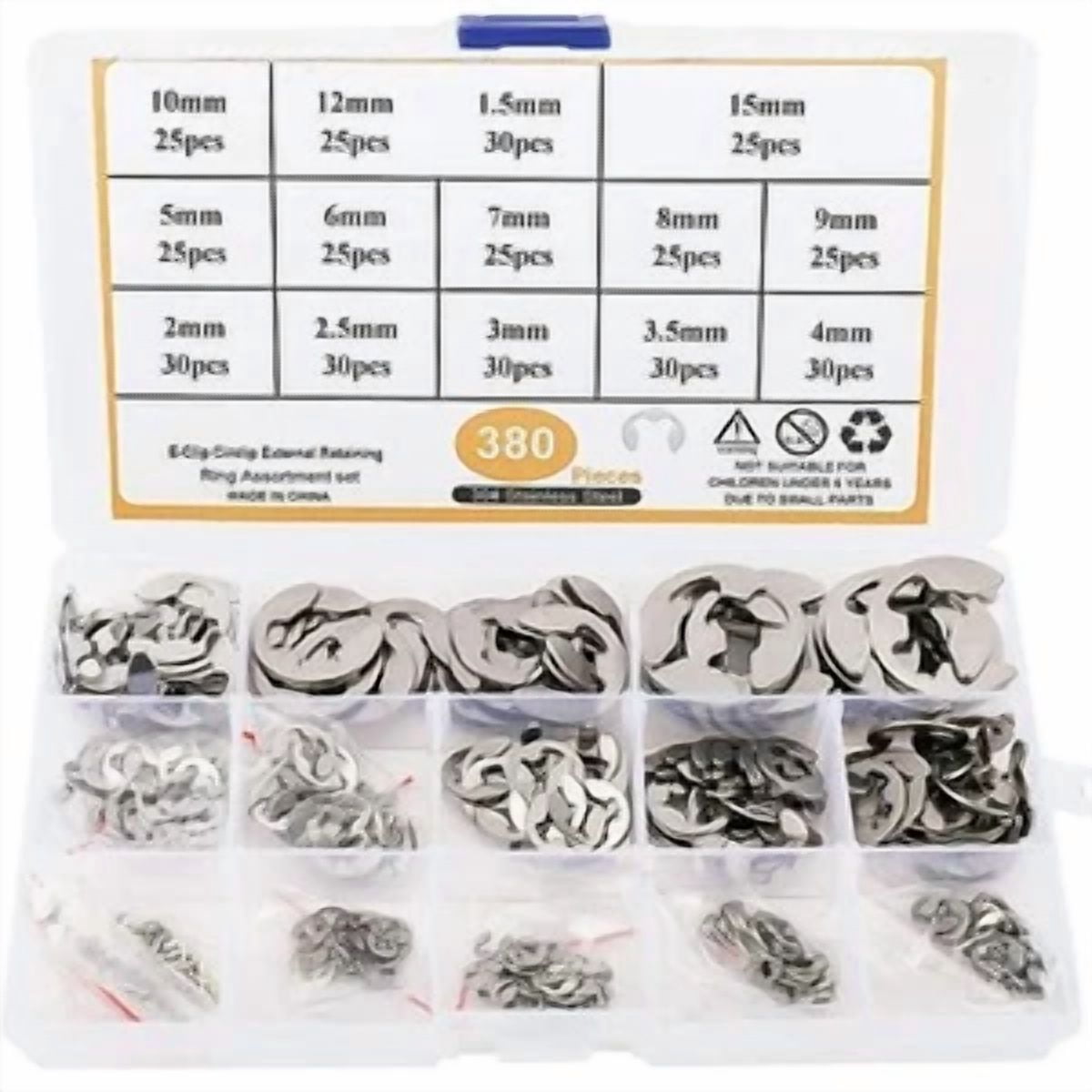 CIRCLE- 380Pcs Stainless E-Clip Circlip External Retaining Ring Assortment Set, 14 Sizes