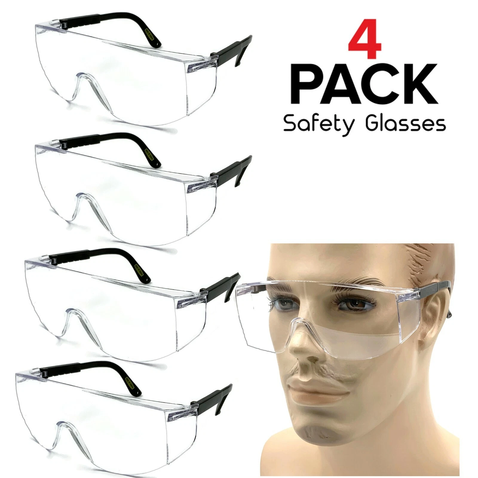 CIRCLE- 4 Pcs Safety Goggles Glasses Anti Fog Lens Black Chemical Work Lab Protective
