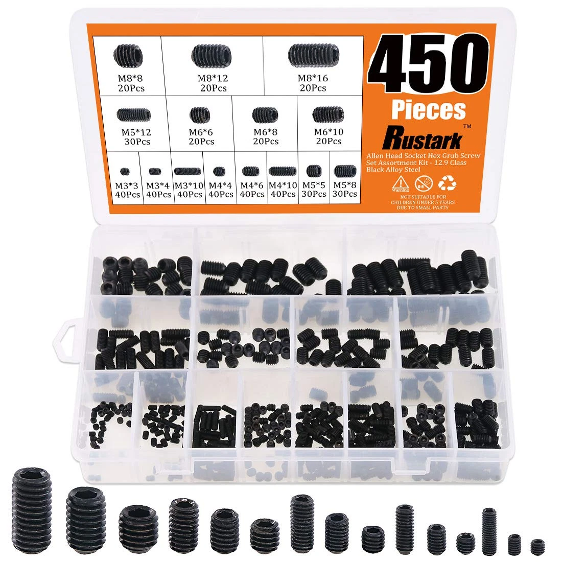 CIRCLE- 450Pcs M3/M4/M5/M6/M8 Allen Head Socket Hex Grub Screw Set Assortment Kit With I