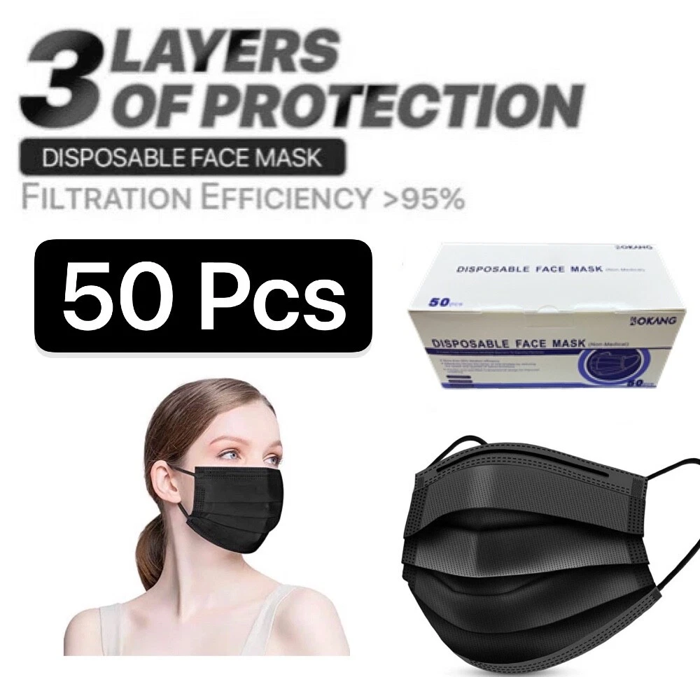 CIRCLE- (50 Pcs)Black 3-Ply Disposable Protective Face Mask Earloop Mouth Cover