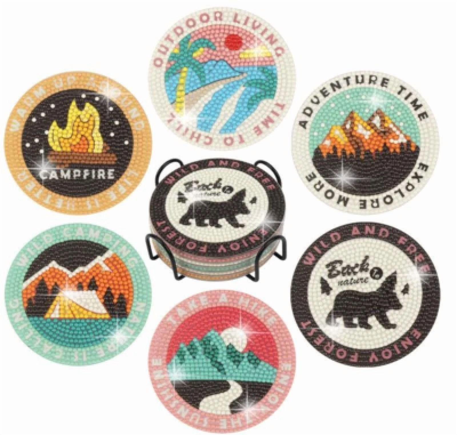 CIRCLE- 6 Pcs Diamond Painted Coasters With Stand Diy Outdoor Camping Style Coasters