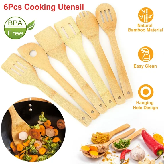 CIRCLE- 6 Pcs Wooden Cooking Utensil Set Bamboo Kitchen Spatula Spoons Tools Wood Kit