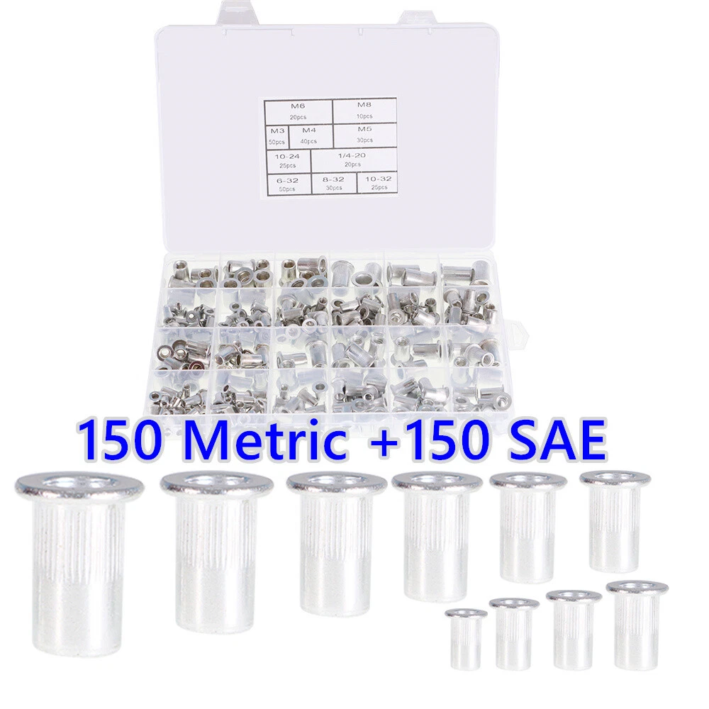CIRCLE- Aluminum Rivet Nut Kit 300 Piece 150 Pcs Metric + 150 Pcs Sae Nutsert Kit