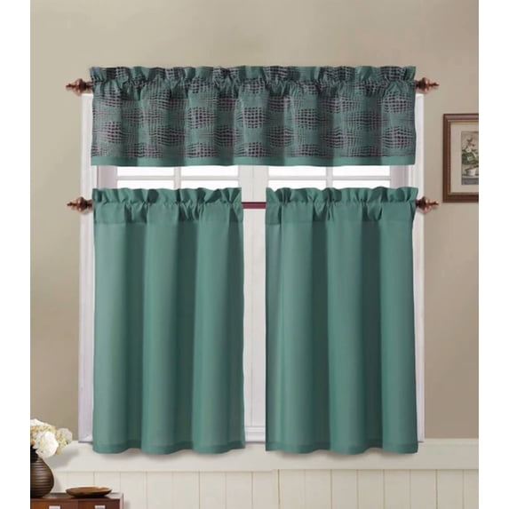 CIRCLE- Blue And Brown Kitchen Window Curtain Set : 2 Tier Panel, 1 ...
