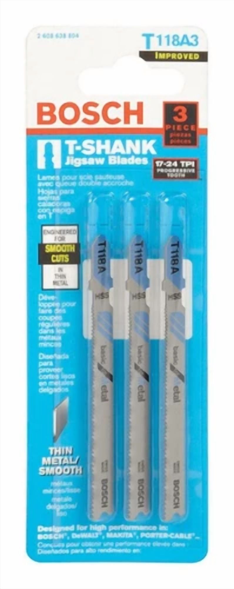 CIRCLE- Bosch T118A3 3-Piece 3-5/8 In. 17-24 Tpi Basic For Metal T-Shank Jig Saw Blades