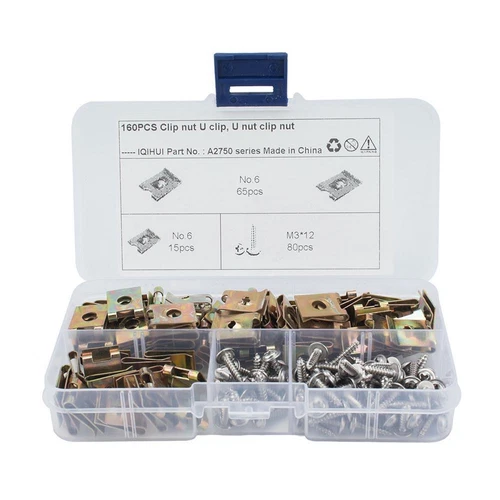 CIRCLE- Car Bumper Fender Trim Panel Fastener Spring Metal U Type Clips W/Screws 160Pcs