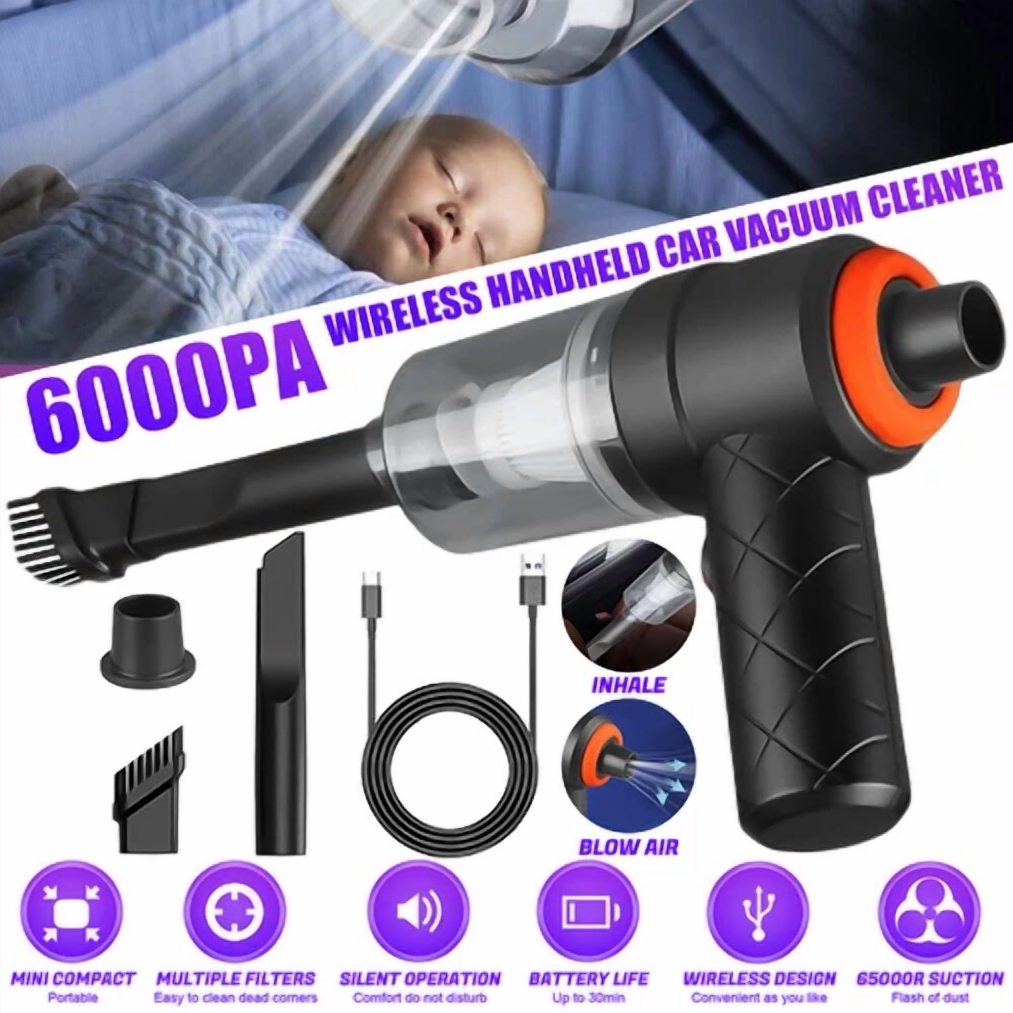 CIRCLE- Car Vacuum Cleaner Air Blower Wireless Handheld Rechargeable Mini Duster Home Us
