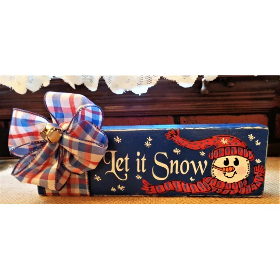 CIRCLE- Distressed Let It Snow Wood Block Shelf Sitter Rustic Snowman Winter Christmas