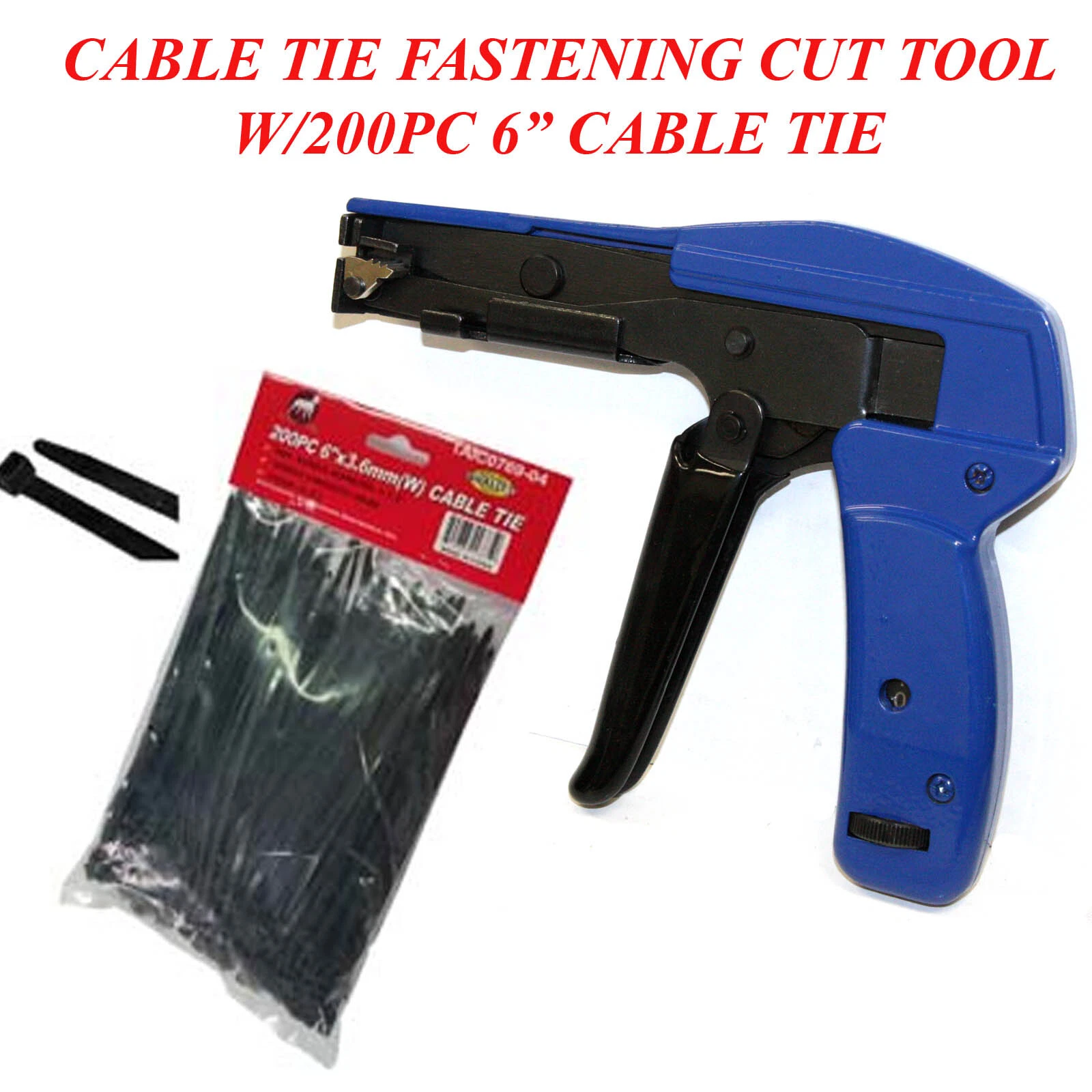 CIRCLE- Fasten Auto Tensioning Tie & Cut Off Gun For Nylon Cable Tension W/200Pc Zip Tie
