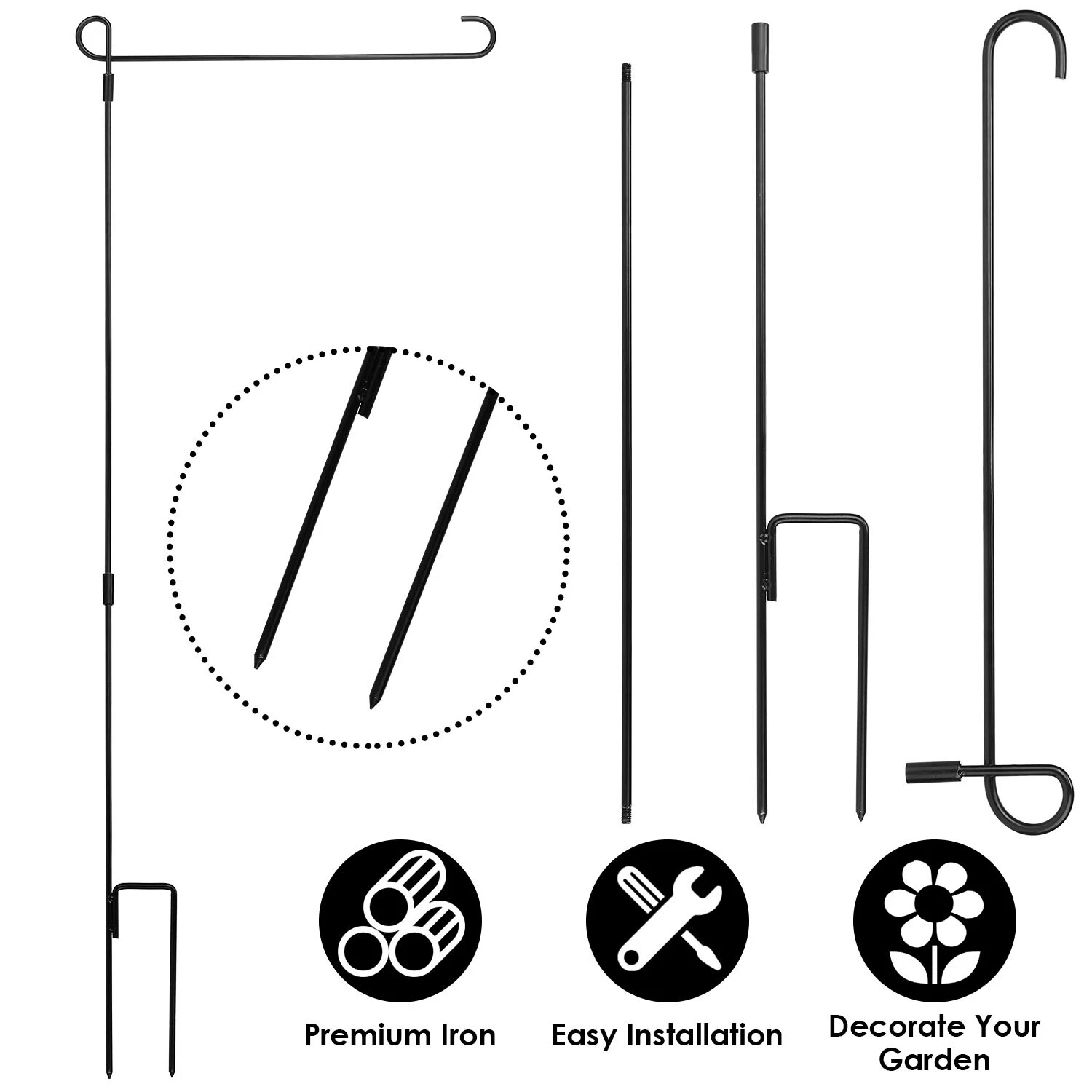 CIRCLE- Garden Yard Flag Pole Holder Stand Metal Wrought Iron Stake For 12X18 Flag
