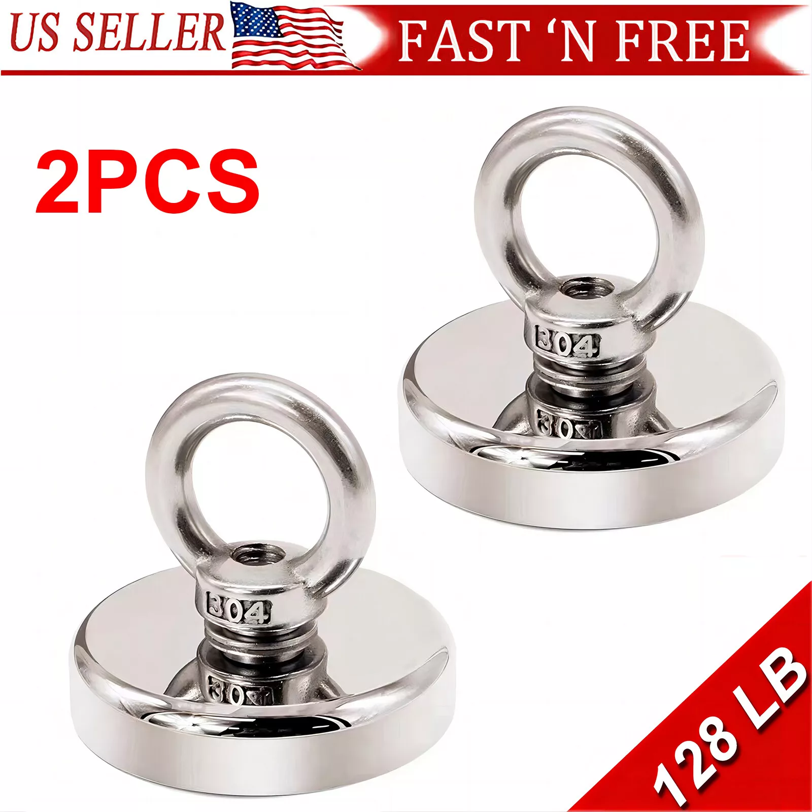 CIRCLE- Neodymium Fishing Magnets 2 Pack, 128Lbs Pulling Force Strong Round Rare Earth