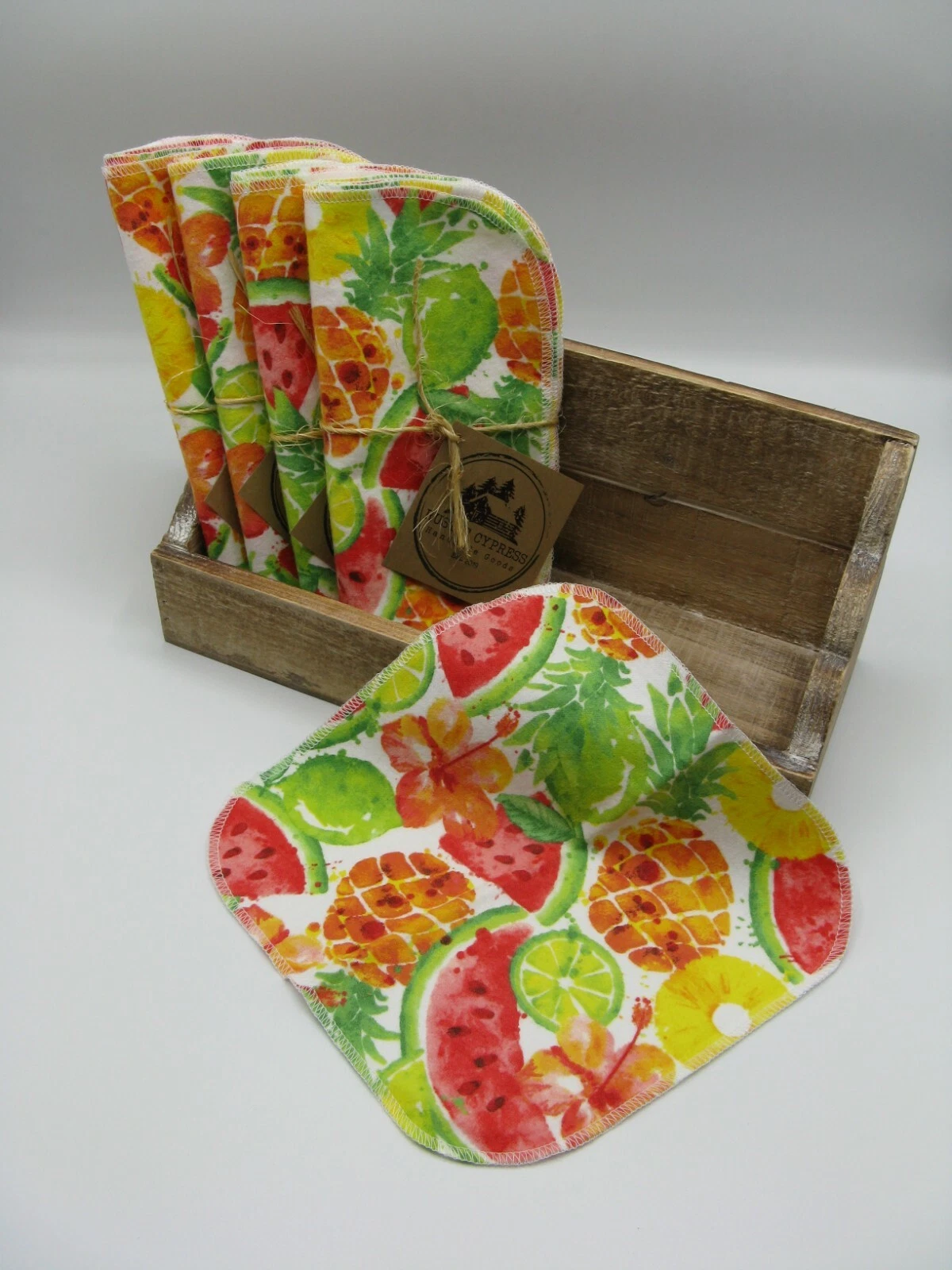CIRCLE- New Napkins 10 Reuseable Baby Wipes Flannel Fruit Pineapple Watermelon Cocktail