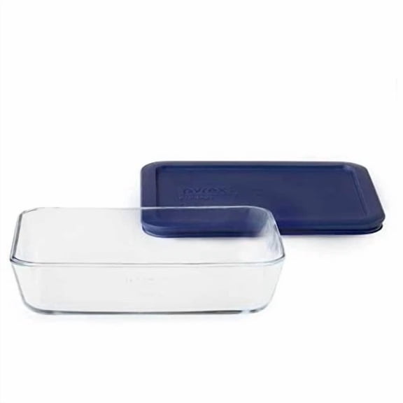 CIRCLE- Pyrex Simply Store Glass Rectangular Food Container With Dark Blue Lid (3-Cup)