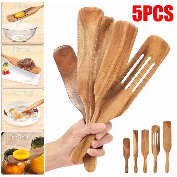 CIRCLE- Spurtle Kitchen Cooking Utensil Teak Wood Non Stick Wooden Spatula Spoon 5 Sets