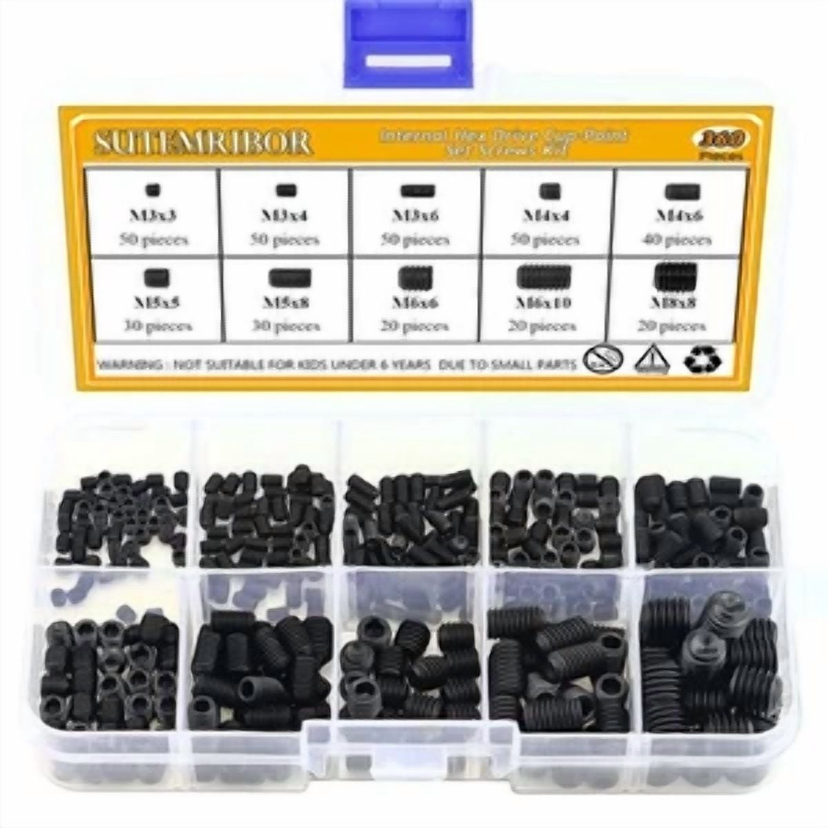 CIRCLE- Sutemribor M3/4/5/6/8 Internal Hex Drive Cup-Point Set Screws Assortment Kit 10