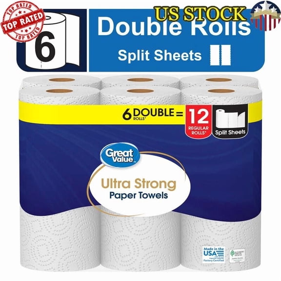 CIRCLE- Ultra Strong 2-Ply Paper Towels 6 Double Rolls Absorbent Split Sheets Clean Up