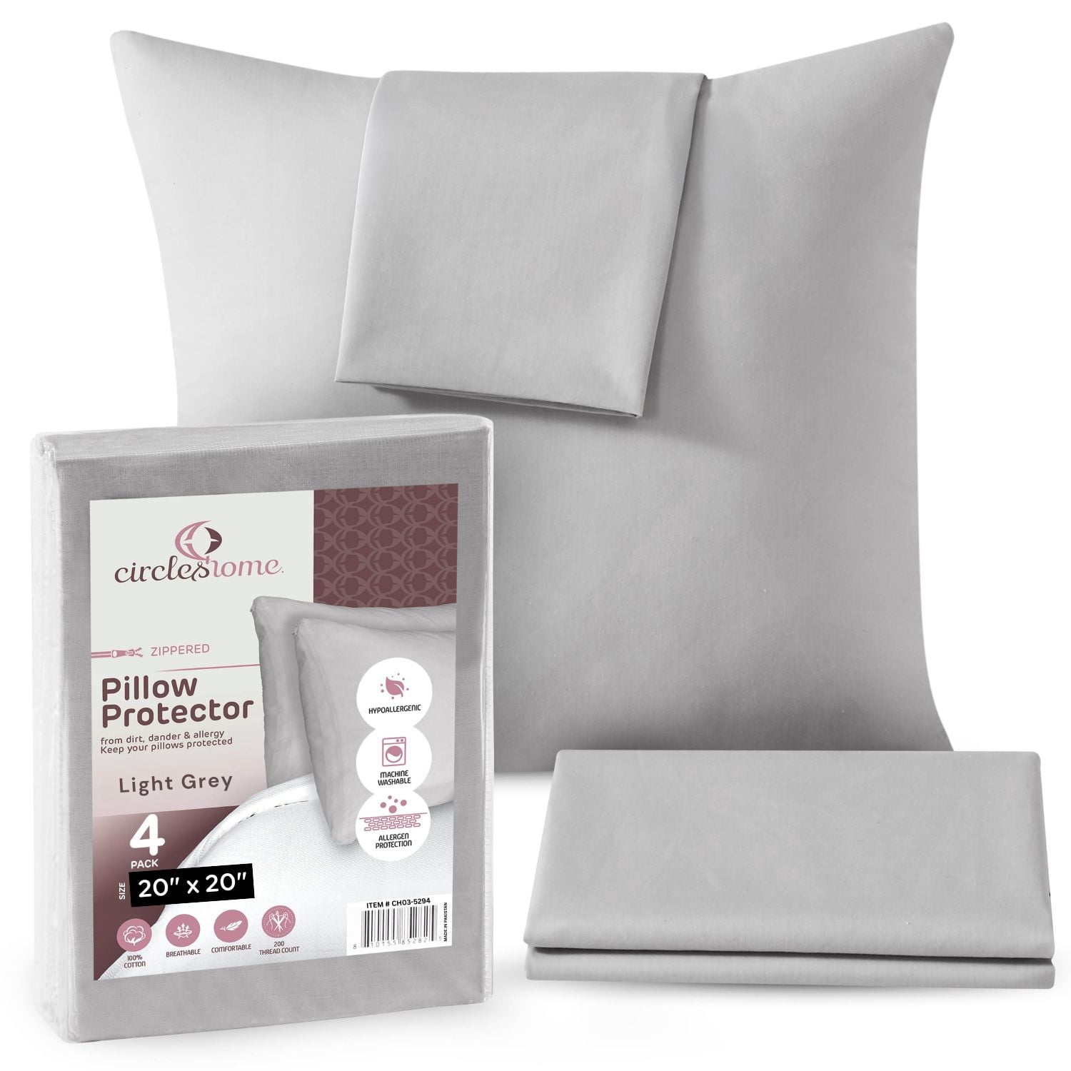 CIRCLESHOME Throw Pillow Protectors - 100% Cotton Breathable Pillowcases - 20 X 20 Square Pillowcases - Protects Pillows from Dirt, Dust and Debris (Square Pillow - 4 Pack- 20x20)