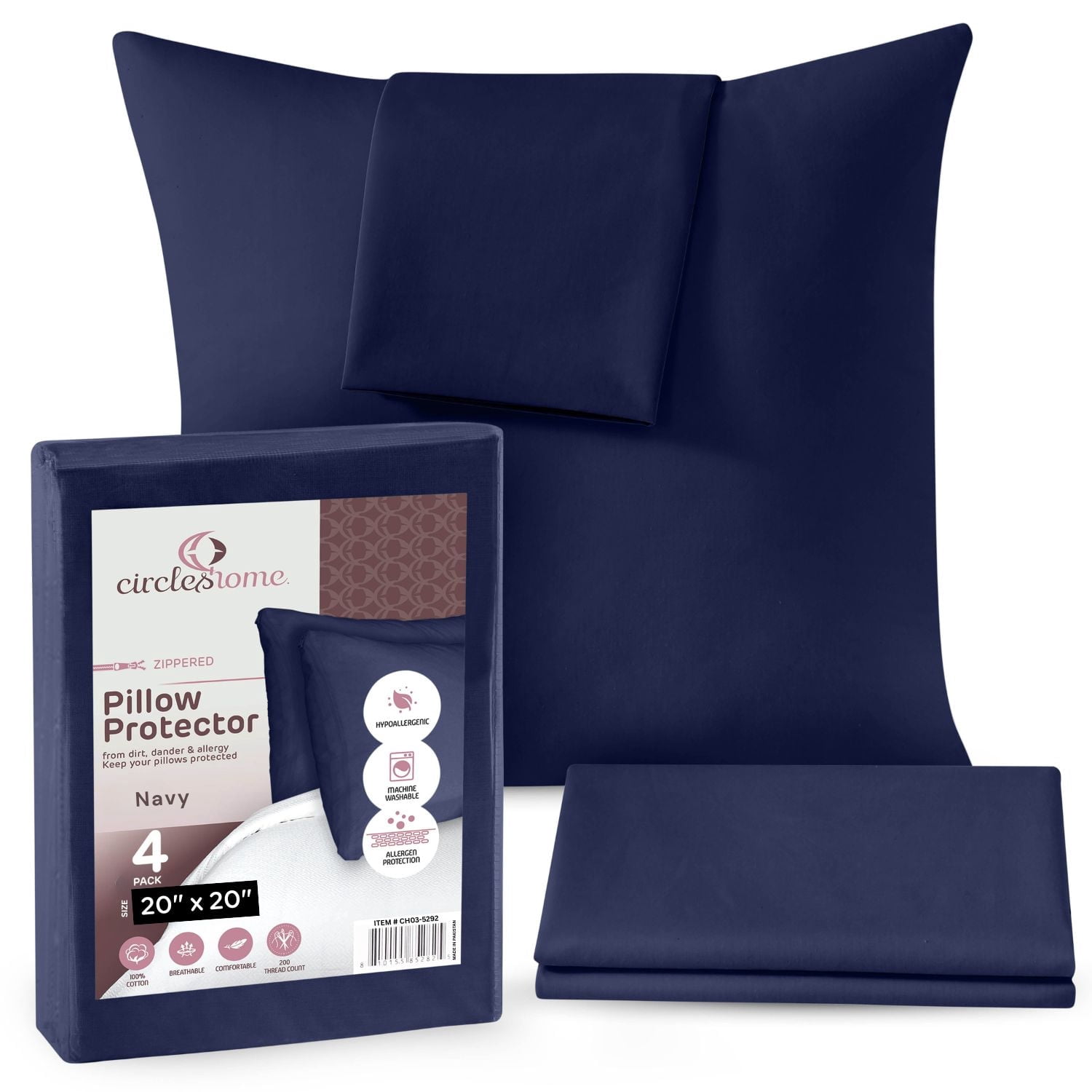 CIRCLESHOME Throw Pillow Protectors - 100% Cotton Breathable Pillowcases - 20 X 20 Square Pillowcases - Protects Pillows from Dirt, Dust and Debris (Square Pillow - 4 Pack- 20x20)