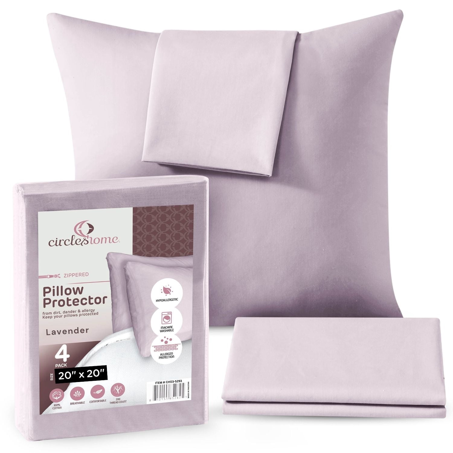 CIRCLESHOME Throw Pillow Protectors - 100% Cotton Breathable Pillowcases - 20 X 20 Square Pillowcases - Protects Pillows from Dirt, Dust and Debris (Square Pillow - 4 Pack- 20x20)