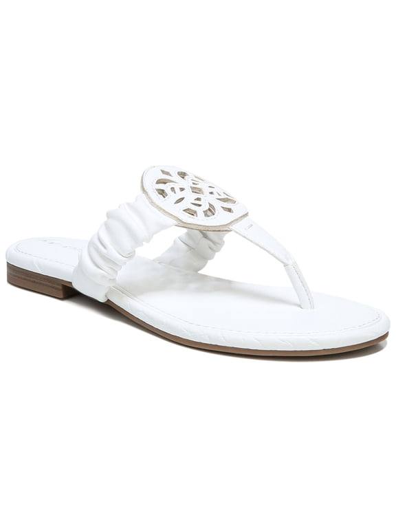 Womens White Laser Cut Medallion Ruched Cushioned Camara Round Toe Slip On Thong Sandals 6.5 M