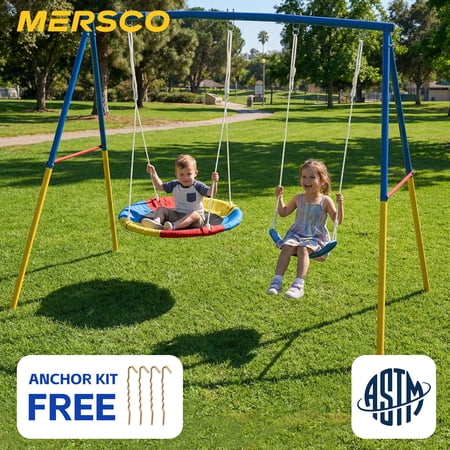 Mersco 2-in-1 Swing Set for Backyard with Stand, Swing Heavy Duty 440lbs Metal Outdoor Swing Stand, Contain 1 Saucer 32" and 1 Belt Seat 26.2" for Playground, Backyard Playset