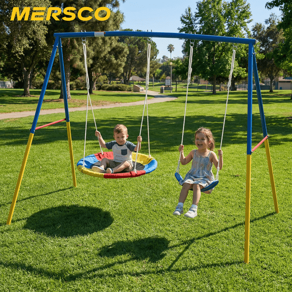 Mersco 2-in-1 Swing Set for Backyard with Stand, Swing Heavy Duty 440lbs Metal Outdoor Swing Stand, Contain 1 Saucer 32" and 1 Belt Seat 26.2" for Playground, Backyard Playset