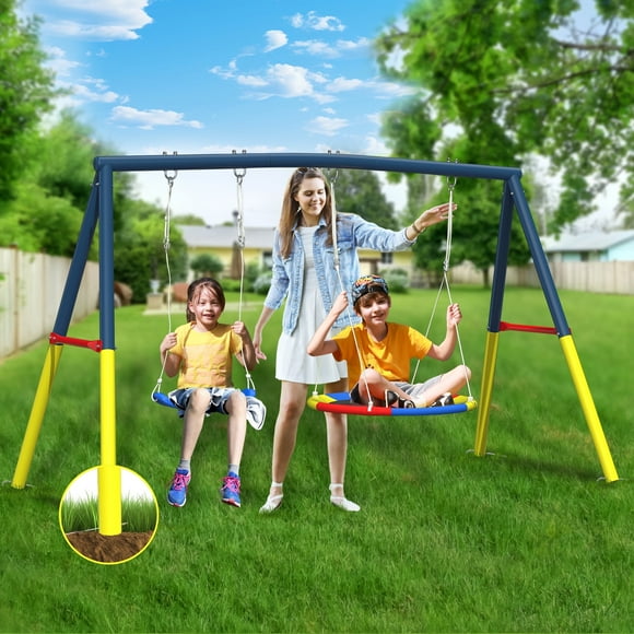 Mersco Swing Set for Backyard with Stand, Swing Heavy Duty 440lbs Metal Outdoor Swing Stand, Contain 1 Saucer 32" and 1 Belt Seat 26.2" for Playground, Backyard Playset