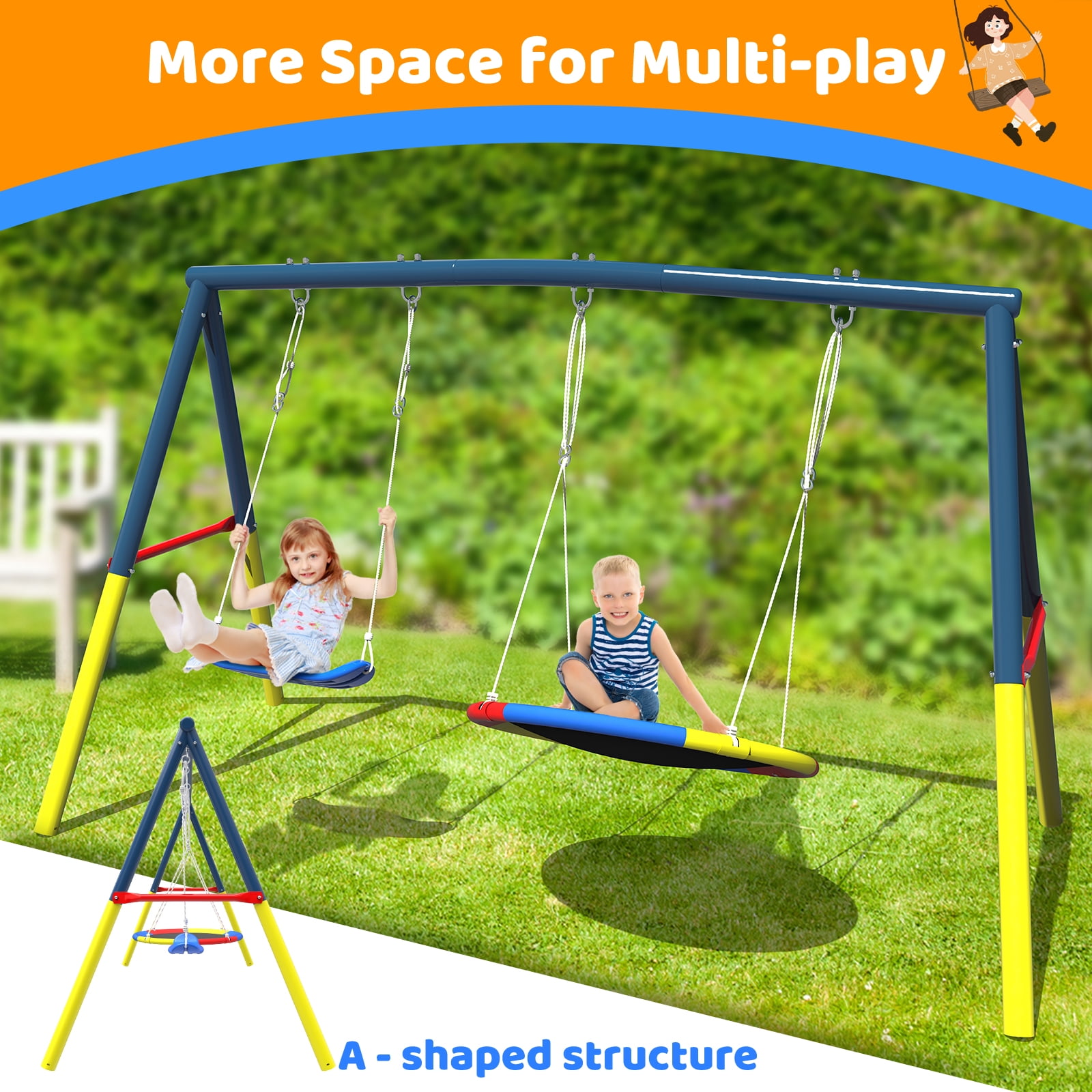 Mersco 2-in-1 Swing Set for Backyard with Stand, Swing Heavy Duty 440lbs Metal Outdoor Swing Stand, Contain 1 Saucer 32" and 1 Belt Seat 26.2" for Playground, Backyard Playset