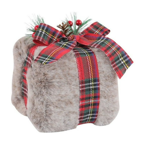 CISIL Christmas Gift Boxes Decoration Soft Plush Boxes With Striped Plaid Bows, Berry Cones 5inch Fluff Present Boxes Ornament For Xmas Tree Party Tabletop Decor