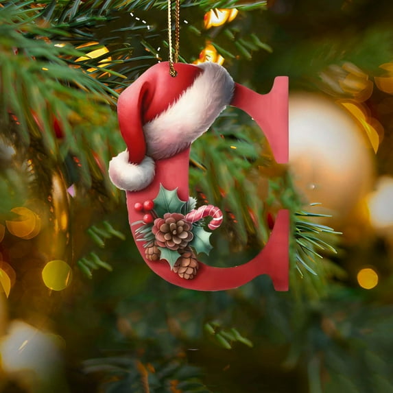 CISIL - Christmas Initial Ornaments, Personalized DIY 26 Letters Christmas Tree Decoration Pendant,Red Acrylic Initial Monogram Shape Xmas Tree Hanging Decor Xmas Gifts C-Christmas hat pine berries