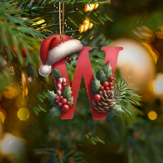 CISIL - Christmas Initial Ornaments, Personalized DIY 26 Letters Christmas Tree Decoration Pendant,Red Acrylic Initial Monogram Shape Xmas Tree Hanging Decor Xmas Gifts W-Christmas hat pine berries