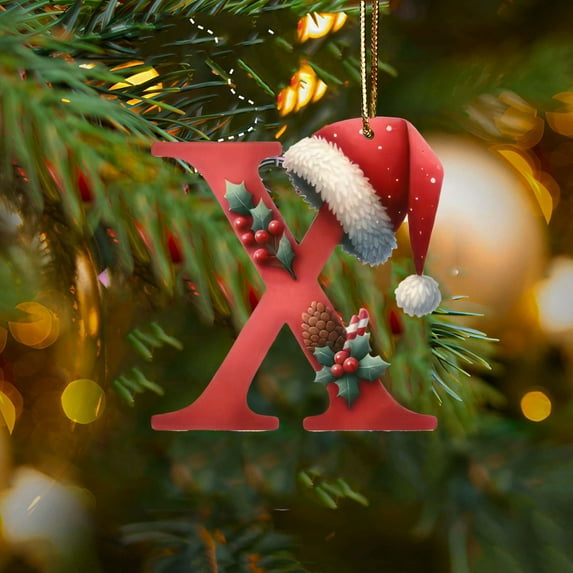 CISIL - Christmas Initial Ornaments, Personalized DIY 26 Letters Christmas Tree Decoration Pendant,Red Acrylic Initial Monogram Shape Xmas Tree Hanging Decor Xmas Gifts X-Christmas hat pine berries