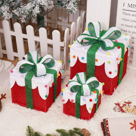 CISIL & Christmas Lighted Boxes Remote Control, Set Of 3 LED Up Decor Outdoor, Up Christmas Boxes Present Decorations Outdoor Yard Pure red snowball
