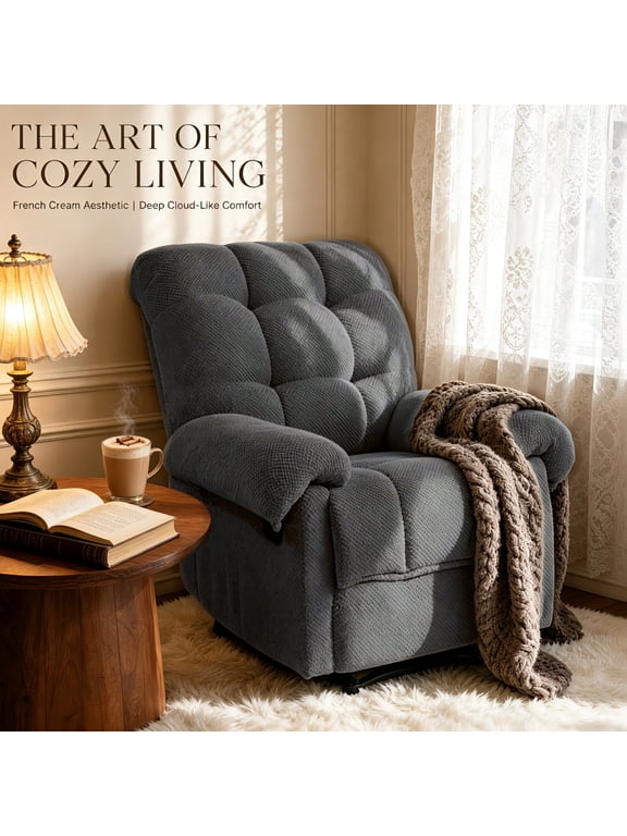 Overstuffed Recliner Chair, Ergonomic Manual Push Back Lounge Chair with Padded Footrest, Plush Armchair 38.6 Inch for Living Room Home Theater Reading Nook and Relaxation, Dark Gray