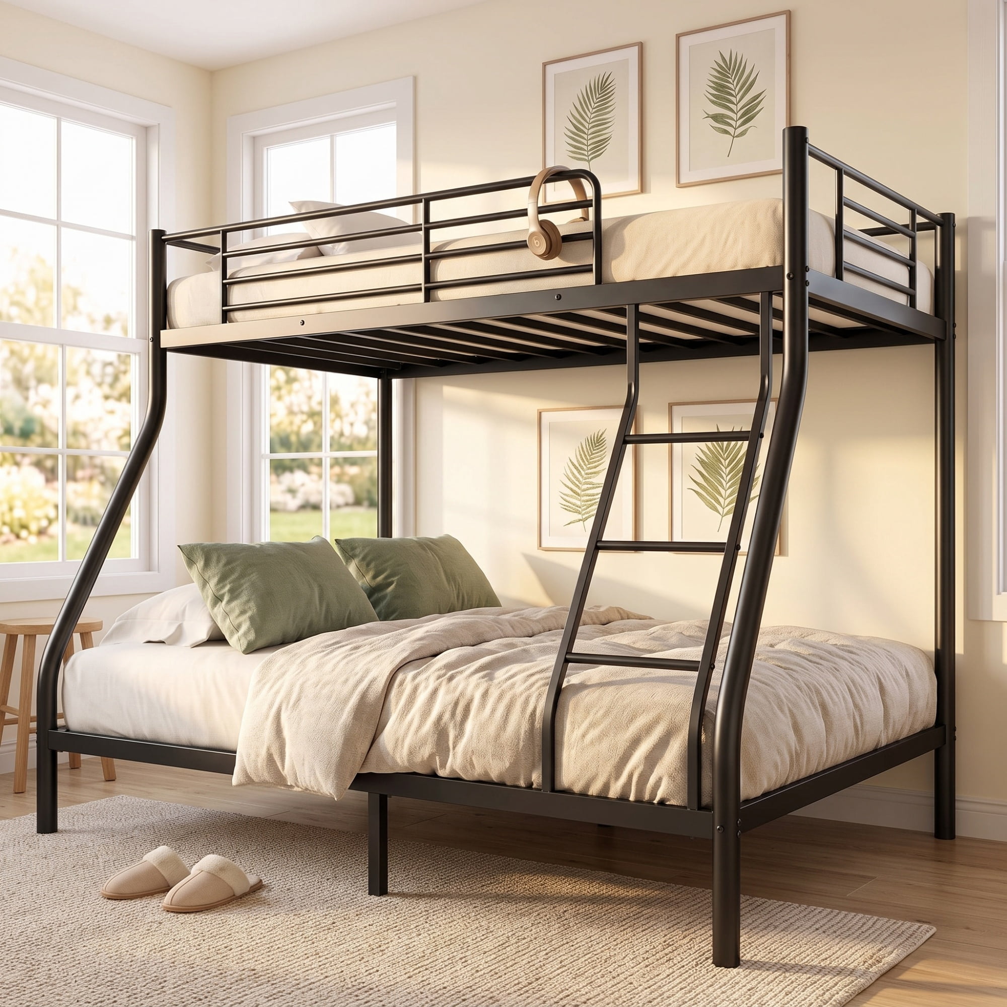 CISILOV Twin Over Full Bunk Bed, Sturdy Metal Bed Frame with Safety